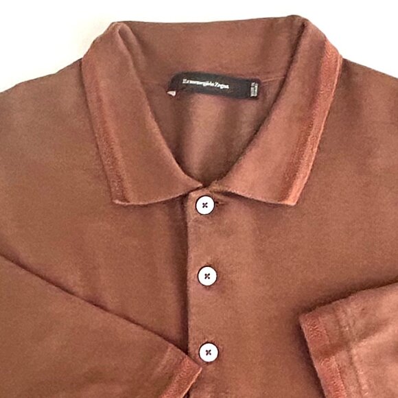 Ermenegildo Zegna Silk Cotton Short Sleeve Polo Shirt in Rust Brown Size XL - Picture 8 of 12